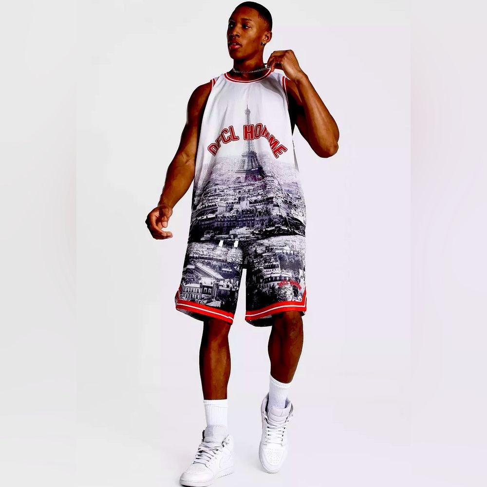 OVERSIZED PARIS VARSITY MESH TANK TOP & SHORT SET